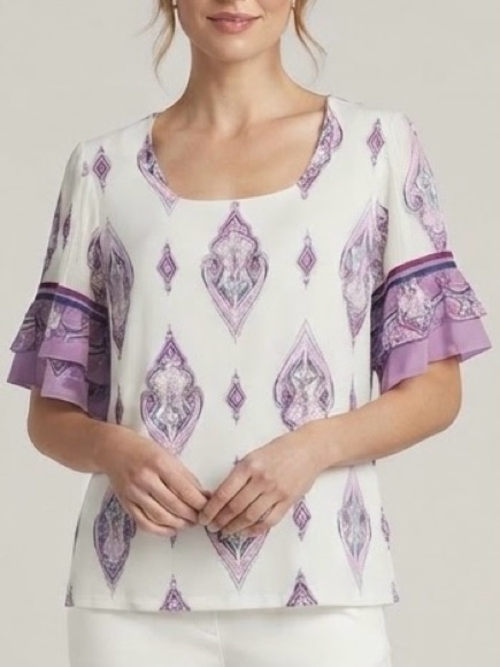 NWT Chico's Square-Neck Flutter-Sleeve Tee Size 4 / XXL White Purple